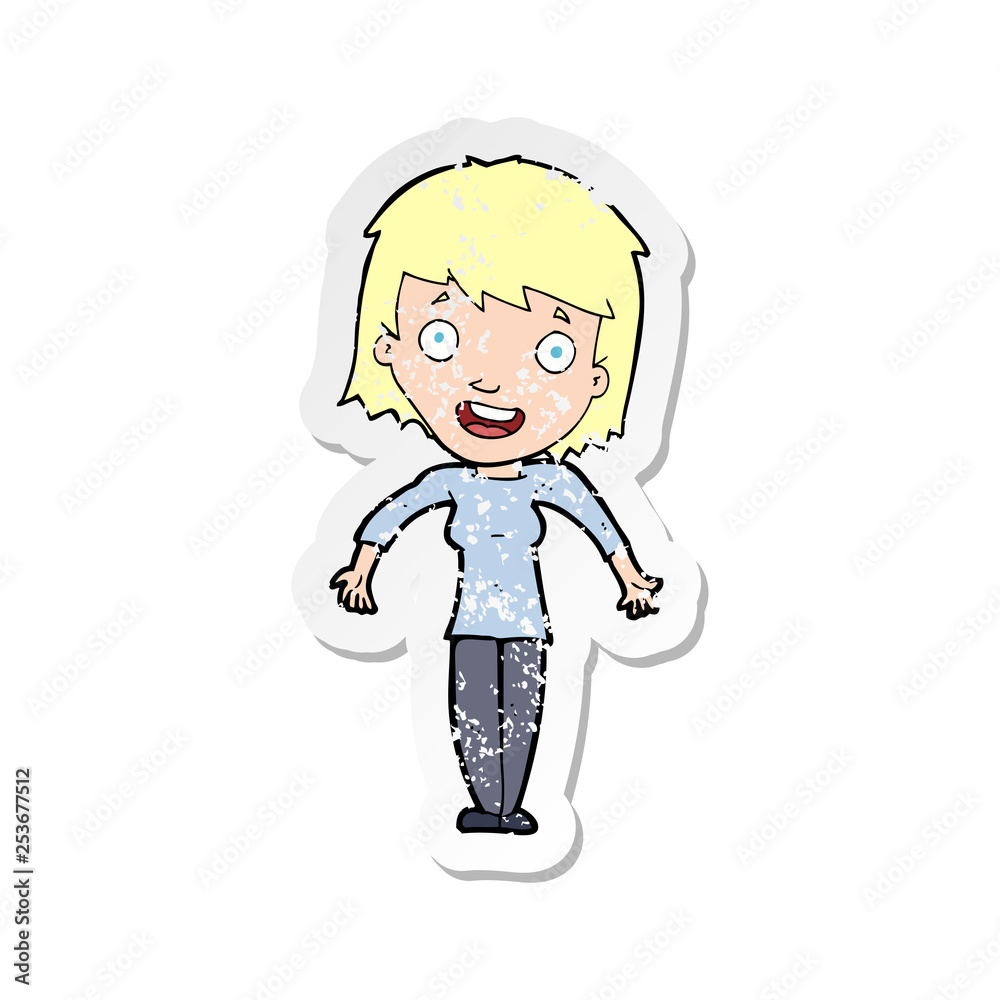 retro distressed sticker of a cartoon woman shrugging shoulders retro distressed sticker of a cartoon woman shrugging shoulders