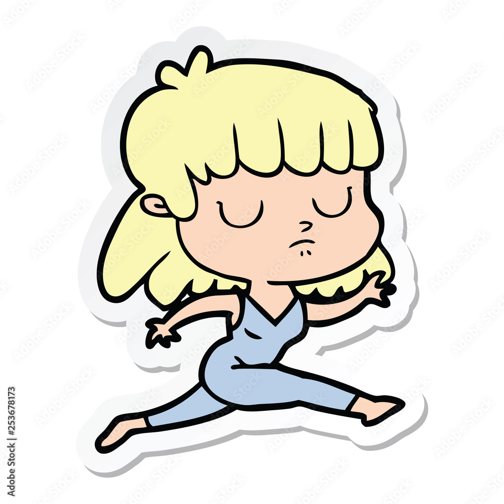 sticker of a cartoon indifferent woman running sticker of a cartoon indifferent woman running