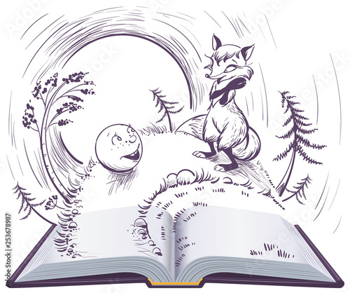 Russian fairy tale bun open book illustration. Sly fox and bun on track