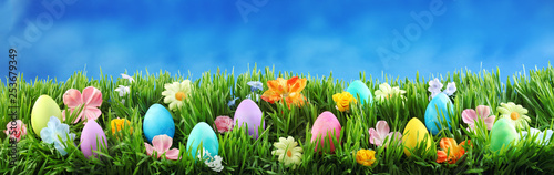 Bright colorful Easter eggs on green grass with flowers against blue sky