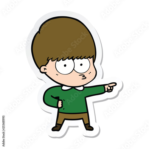 sticker of a nervous cartoon boy pointing