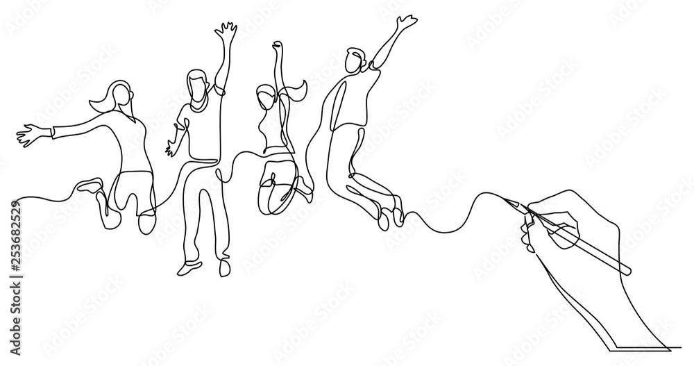 Self drawing line animation of business concept sketch of happy jumping people
