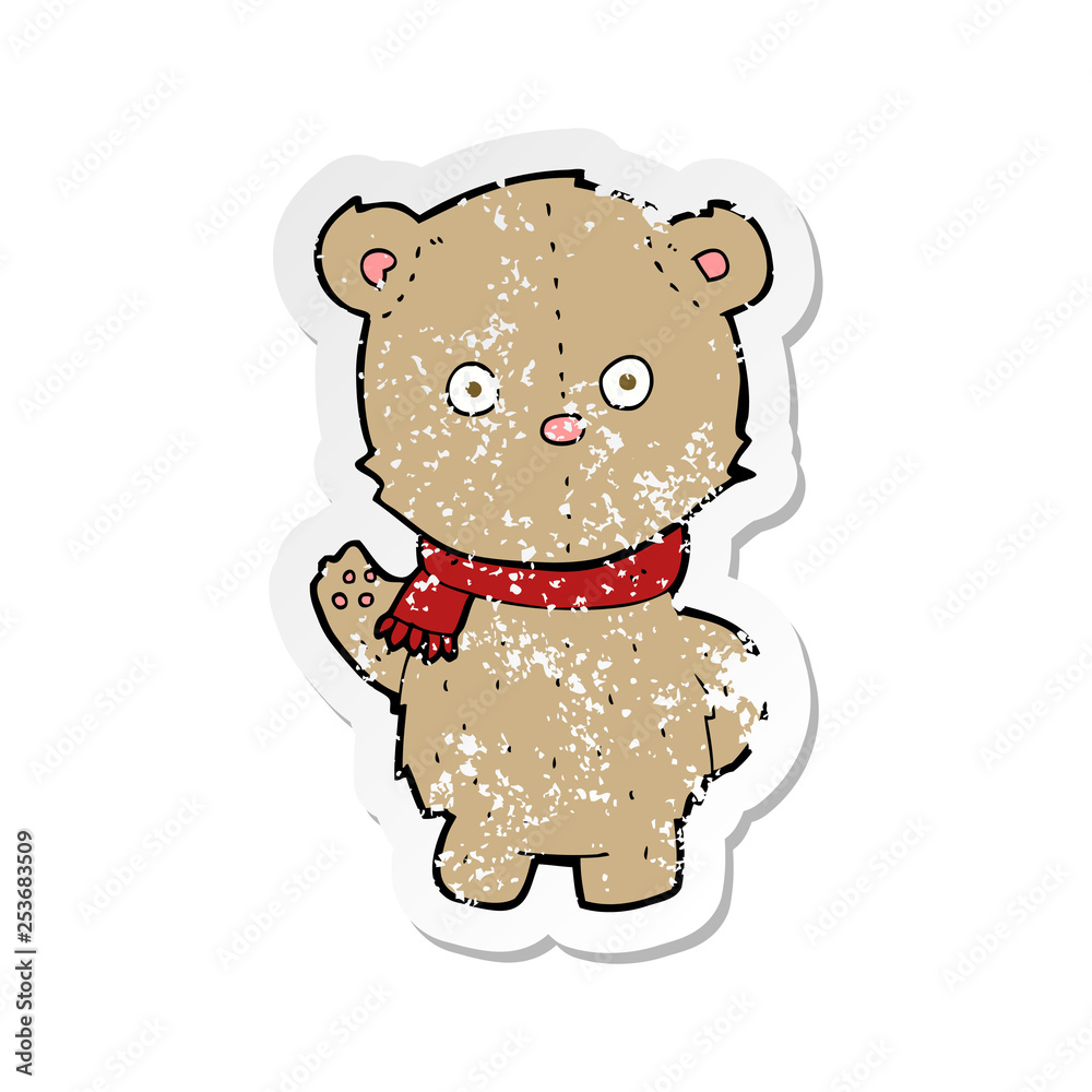 retro distressed sticker of a cartoon teddy bear wearing scarf retro distressed sticker of a cartoon teddy bear wearing scarf