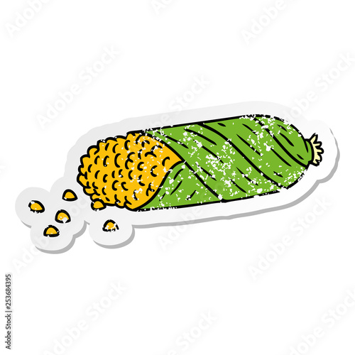 distressed sticker cartoon doodle of fresh corn on the cob