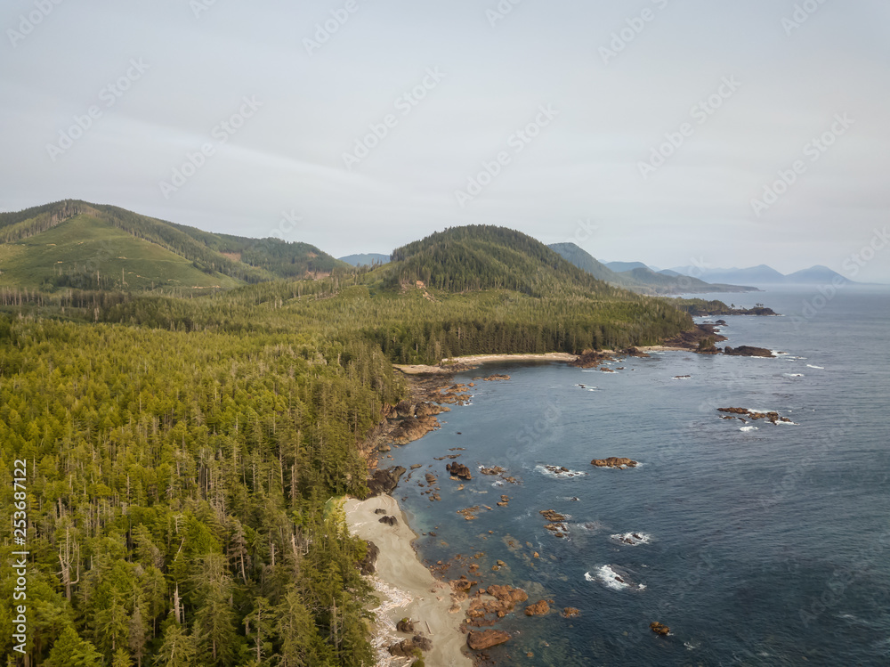 Beautiful aerial seascape view on the Pacific Ocean Coast during a vibrant summer day. Taken in Northern Vancouver Island, British Columbia, Canada. Beautiful aerial seascape view on the Pacific Ocean Coast during a vibrant summer day. Taken in Northern Vancouver Island, British Columbia, Canada.