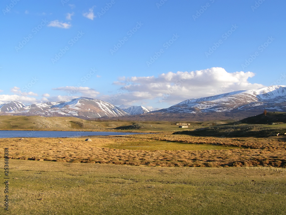 Naklejka premium Mongolian natural landscapes surrounded by mountains and rocks.