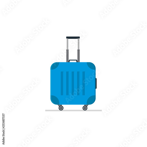 Bright blue plastic suitcase on wheels with telescopic handle. Polycarbonate luggage. Tourist baggage. Flat vector design