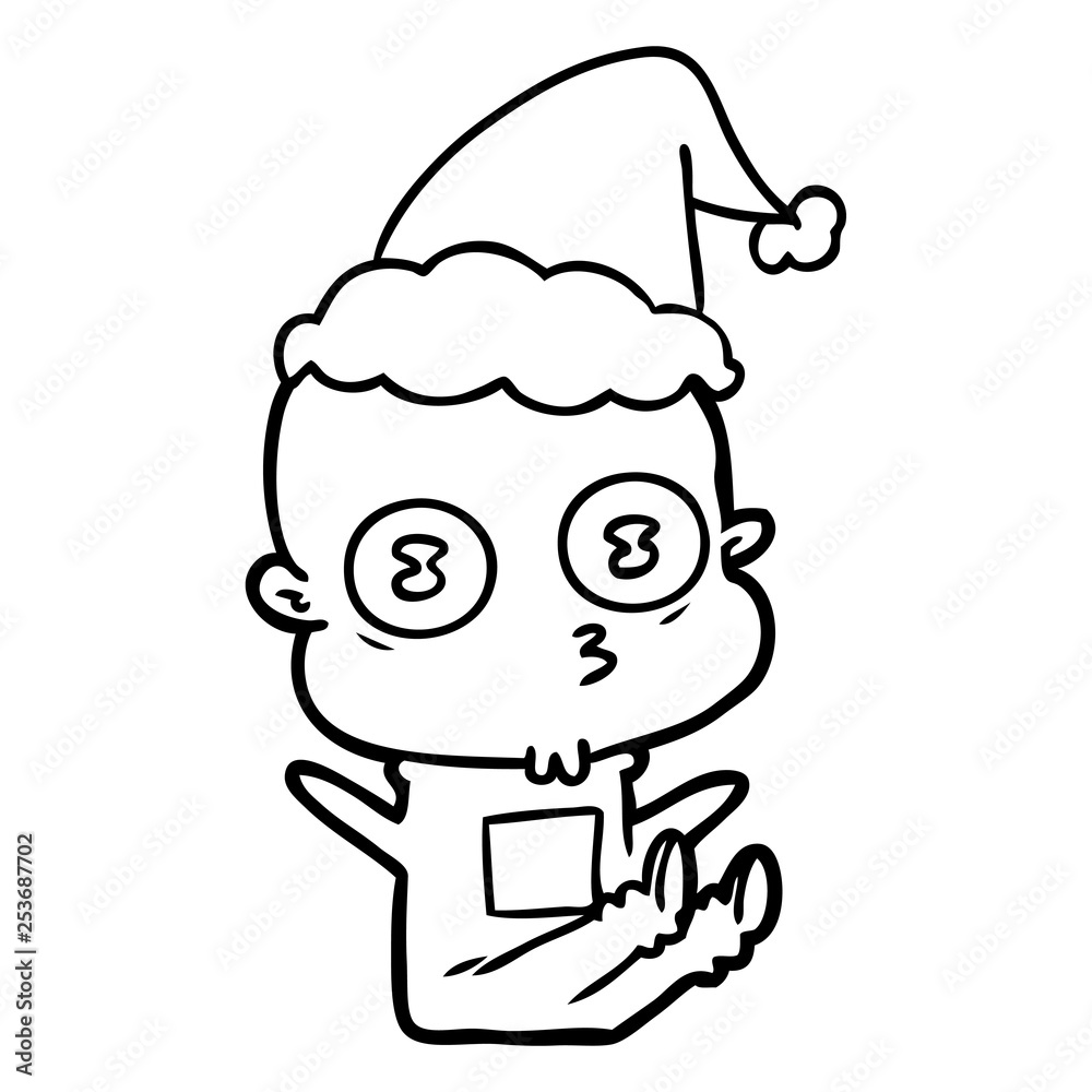 Fototapeta premium line drawing of a weird bald spaceman wearing santa hat