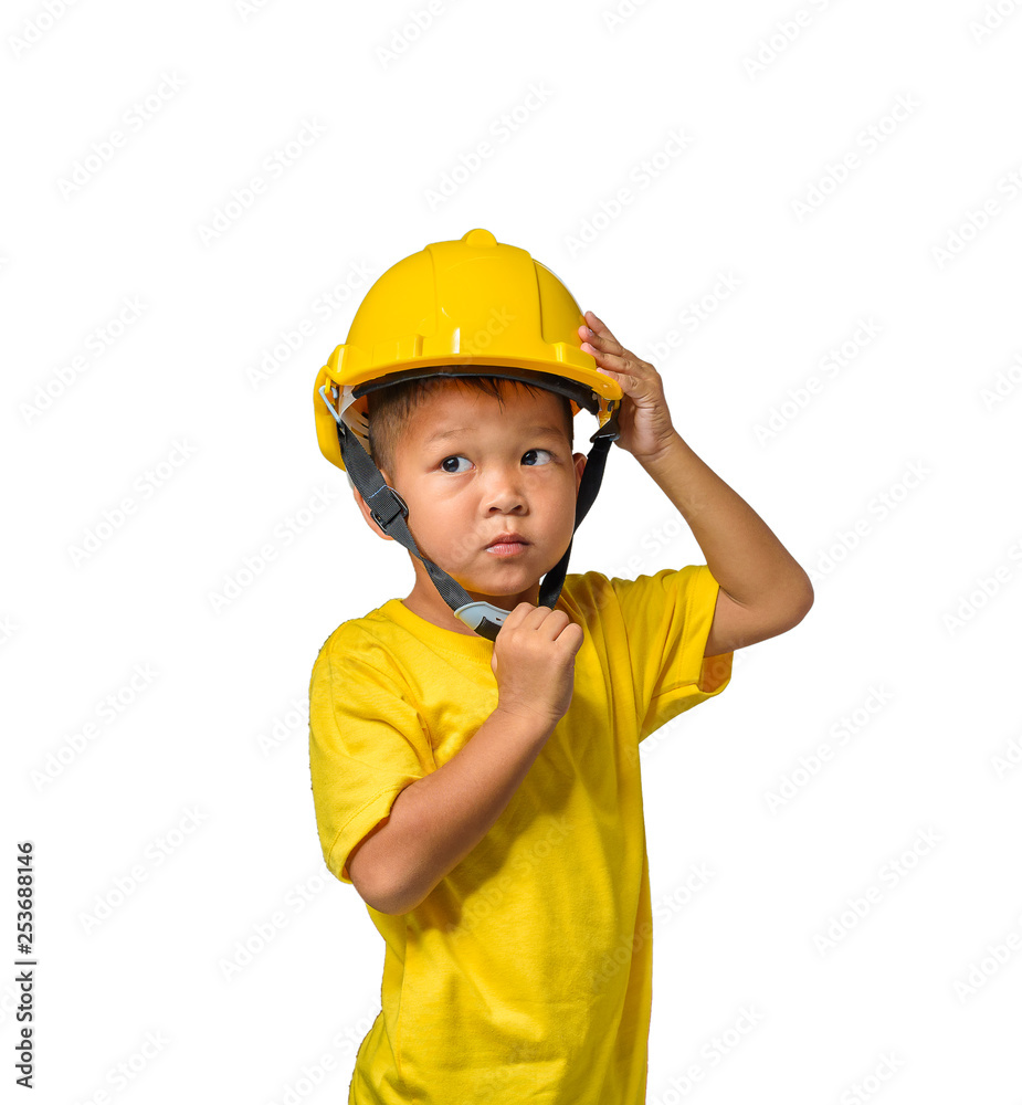 Asian children wearing safety helmet and smiling isolated on white background. Kids and education concept Asian children wearing safety helmet and smiling isolated on white background. Kids and education concept