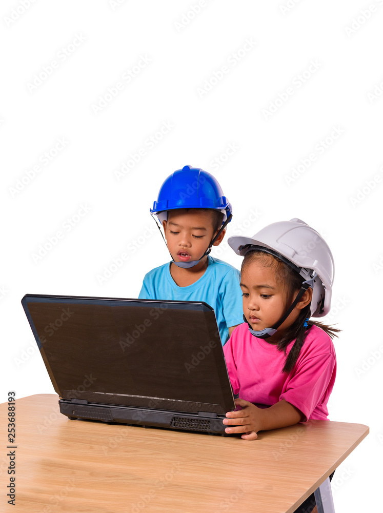 Asian children wearing safety helmet and thinking planer isolated on white background. Kids and education concept Asian children wearing safety helmet and thinking planer isolated on white background. Kids and education concept