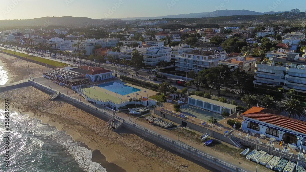 Fototapeta premium Sitges. Coastal village of Barcelona,Spain. Aerial photo by Drone