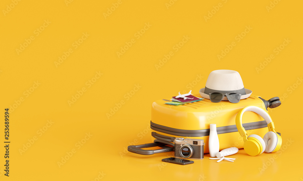 Suitcase with traveler accessories on yellow background. travel concept. 3d rendering - obrazy, fototapety, plakaty 