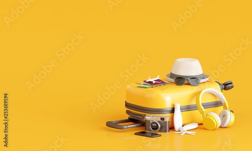 Suitcase with traveler accessories on yellow background. travel concept. 3d rendering