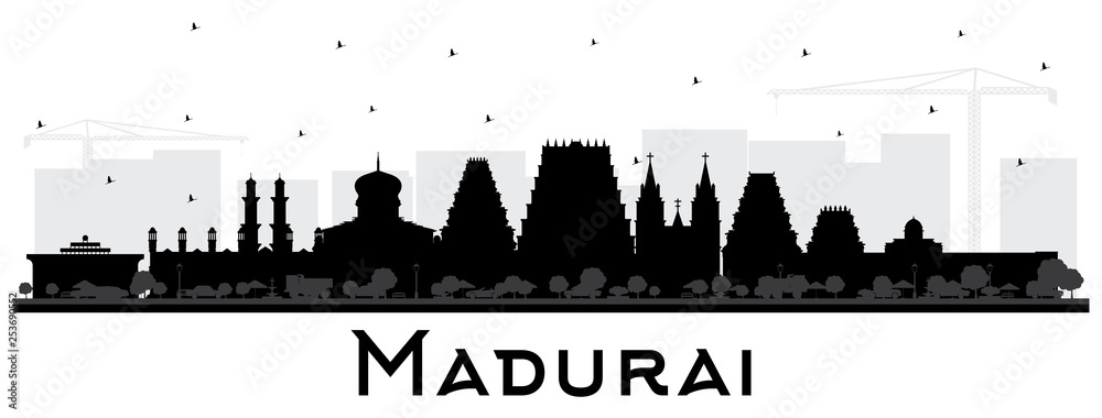 Madurai India City Skyline Silhouette with Black Buildings Isolated on White.
