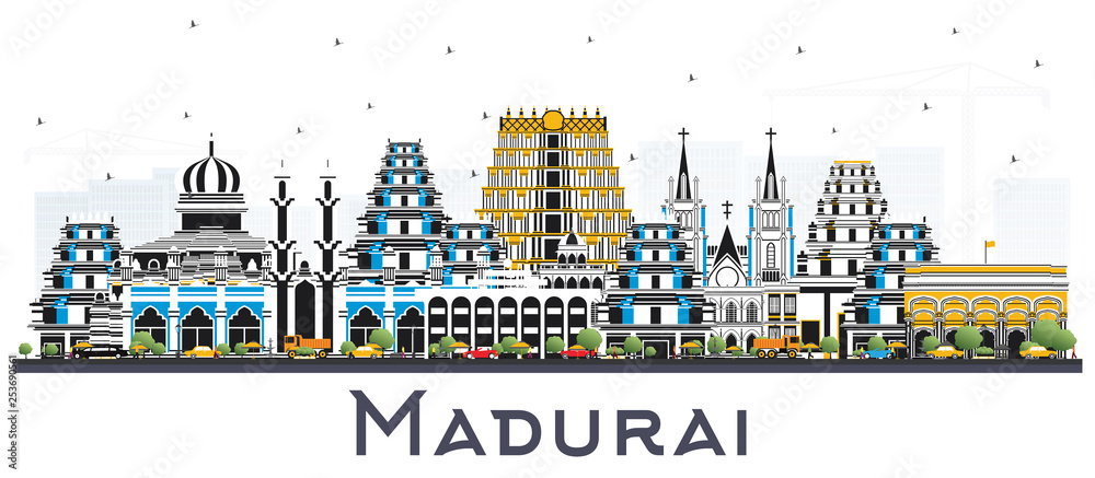 Madurai India City Skyline with Color Buildings Isolated on White.