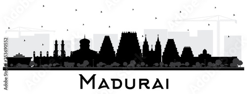 Madurai India City Skyline Silhouette with Black Buildings Isolated on White.