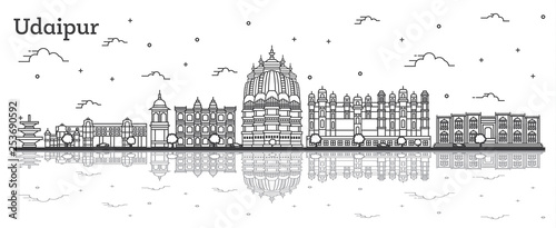 Outline Udaipur India City Skyline with Historical Buildings and Reflections Isolated on White.