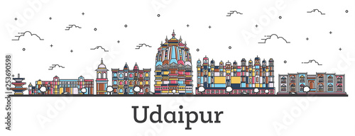 Outline Udaipur India City Skyline with Color Buildings Isolated on White.