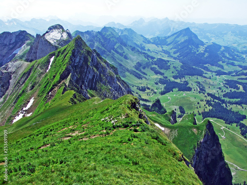 Alpine peak Silberplatten in mountain range Alpstein - Canton of St. Gallen, Switzerland photo