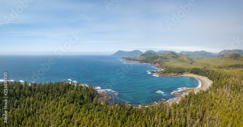 Beautiful aerial seascape view on the Pacific Ocean Coast during a vibrant summer day. Taken in Northern Vancouver Island  British Columbia  Canada.