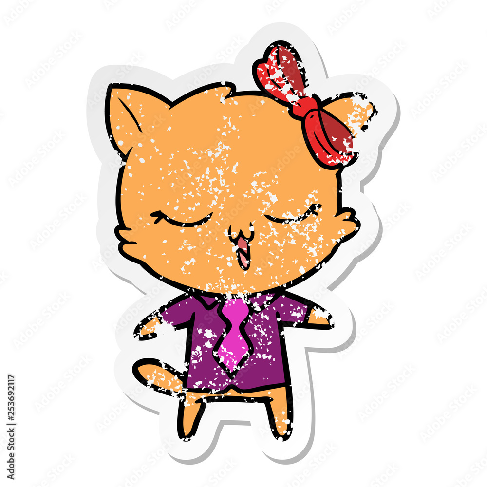 Fototapeta premium distressed sticker of a cartoon cat with bow on head
