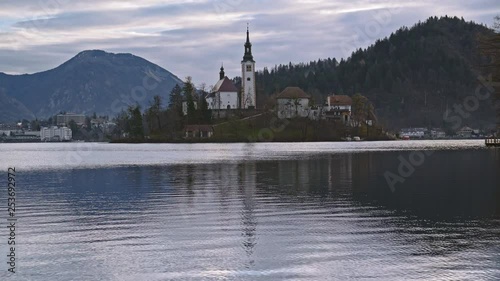 Wallpaper Mural Beautiful detail of the Pilgrimage Church of the Assumption on Mary on Bled island in a cloudy day during sunrise. Bled Slovenia. Flat plane Torontodigital.ca