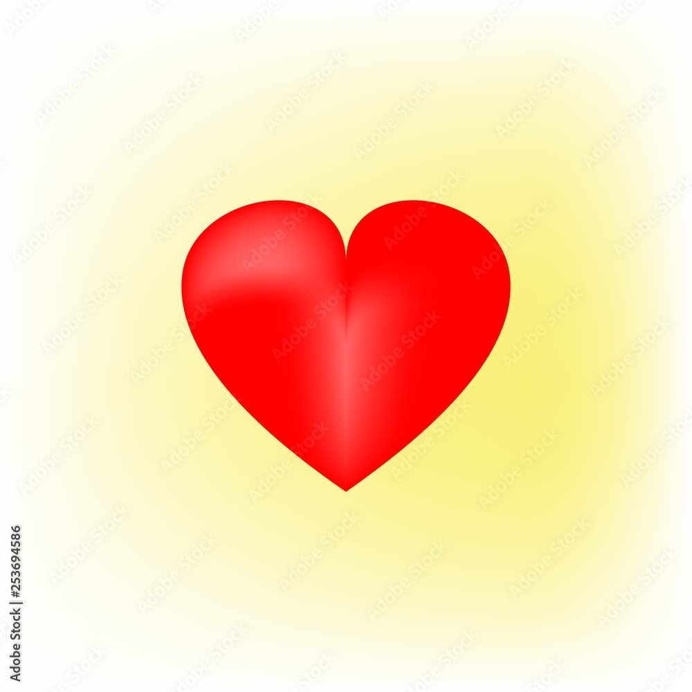 Heart 3D isolated. Red sign on yellow background. Romantic silhouette symbol linked, join, love, passion and wedding. Colorful mark of valentine day. Design modern element. Vector illustration.