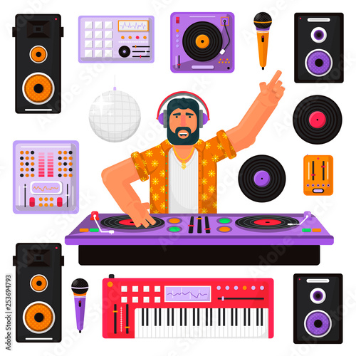 Young hipster DJ with beard and equipment mixing music on the turntables. DJ playing and mixing music. DJ in headphones mixing music at a party. Dj equipment.Vector flat illustration.