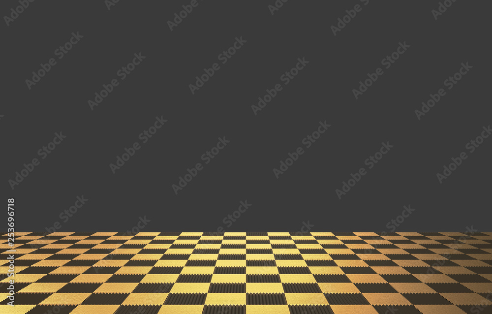 3d rendering. Golden square tiles on the floor with dark gray color wall as background.