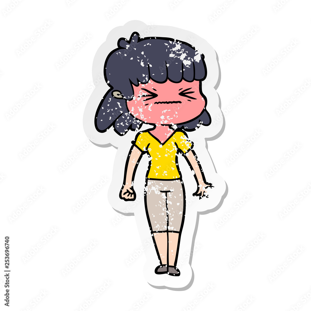 distressed sticker of a cartoon angry girl distressed sticker of a cartoon angry girl