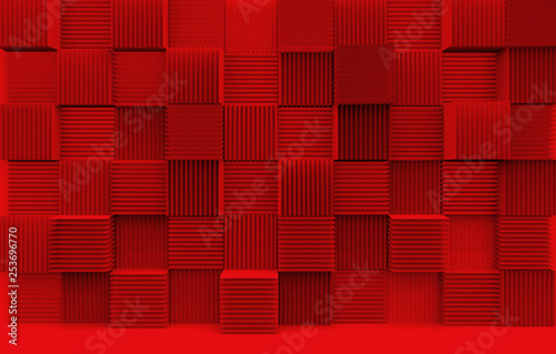 3d rendering. abstract stack of luxury art pattern red cube boxes wall background.