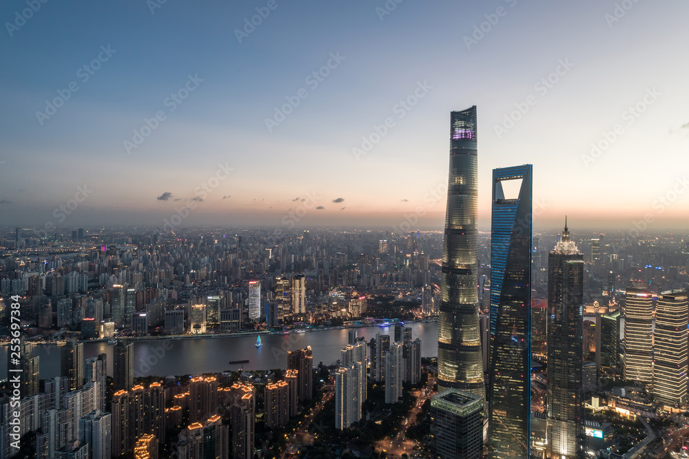 aerial view of Lujiazui, Shanghai, at sunset