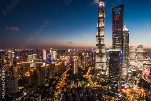 aerial view of Lujiazui  Shanghai  at sunset