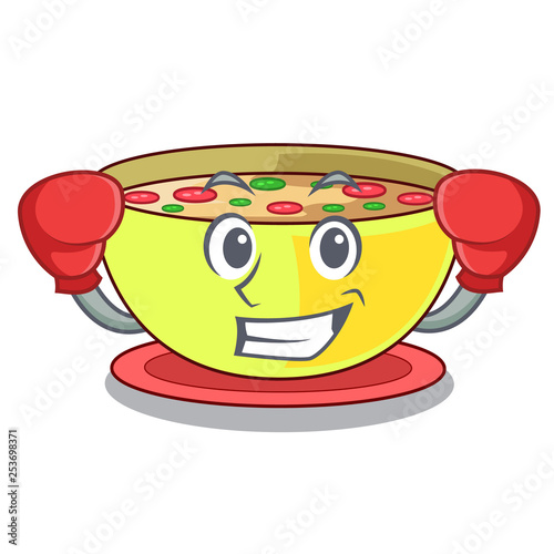 Boxing corn chowder in a cartoon bowl