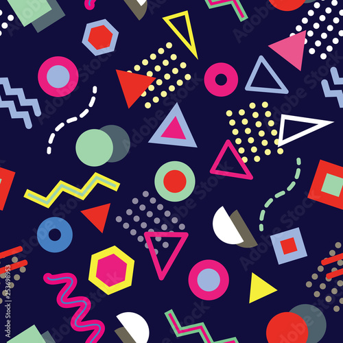 Vector of seamless repeat pattern with Memphis on navy background. Trendy Memphis style. Geometric different shapes. Design for textile, fabric, decoration, wallpaper, wrapping, scrapbook/ packaging