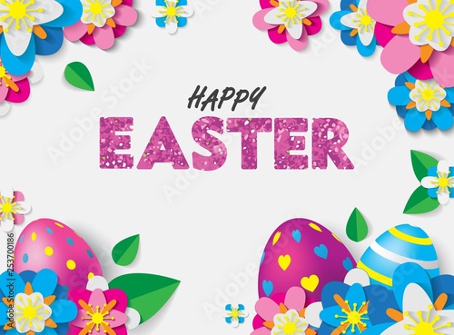 Happy Easter Card with 3D Colorful Eggs and Papercraft Flowers and Leafs. Spring Event Vector Illustration. Place Your Text 