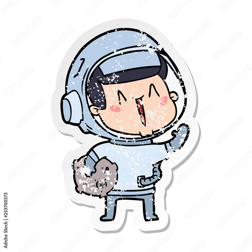 distressed sticker of a happy cartoon astronaut with moon rock