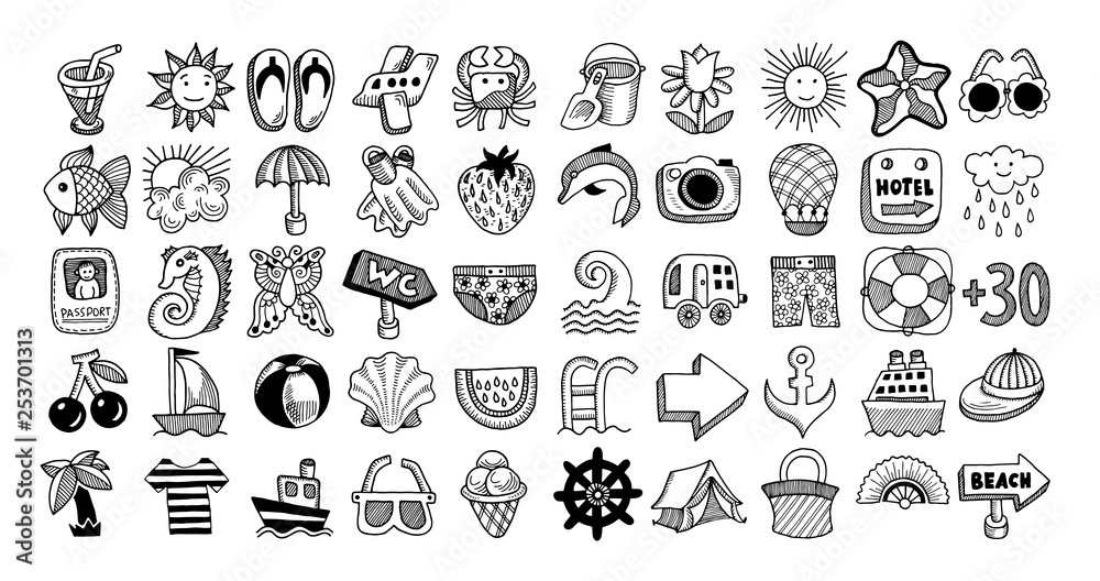 50 sketch icon set of summer 