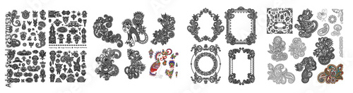 black line art ornate flower design collection, ukrainian