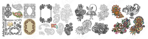 black line art ornate flower design collection, ukrainian