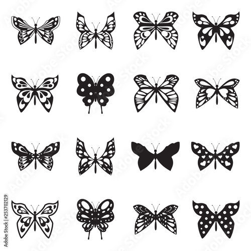 Butterfly Icons. Black Flat Design. Vector Illustration.
