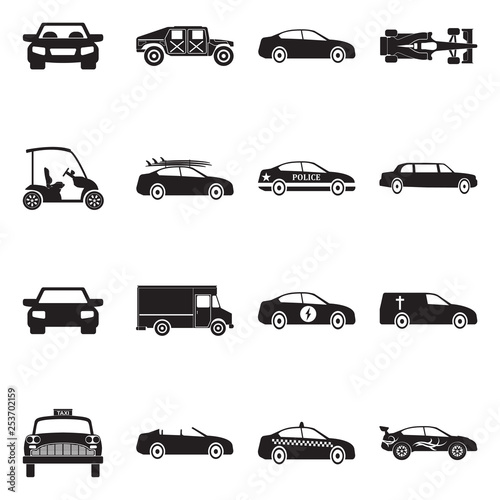 Car Icons. Black Flat Design. Vector Illustration.