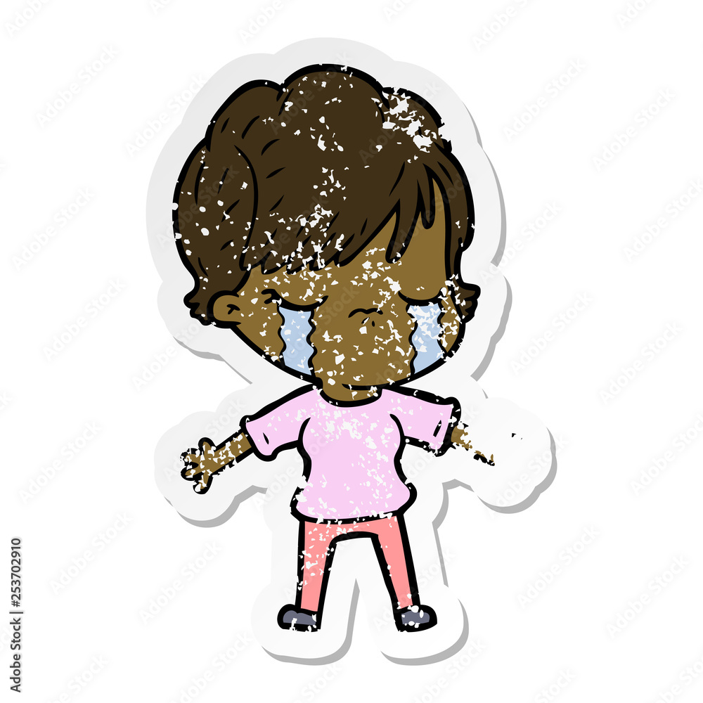 Obraz premium distressed sticker of a cartoon woman crying