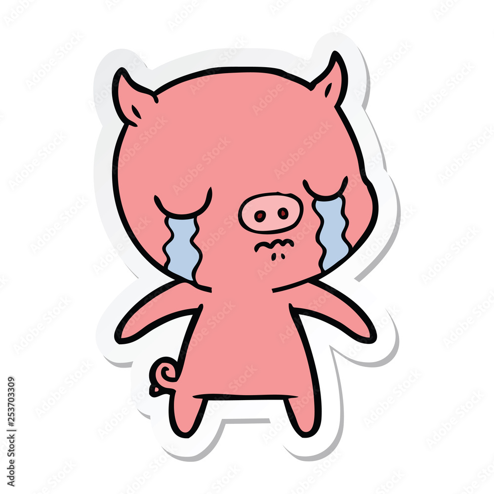 sticker of a cartoon pig crying