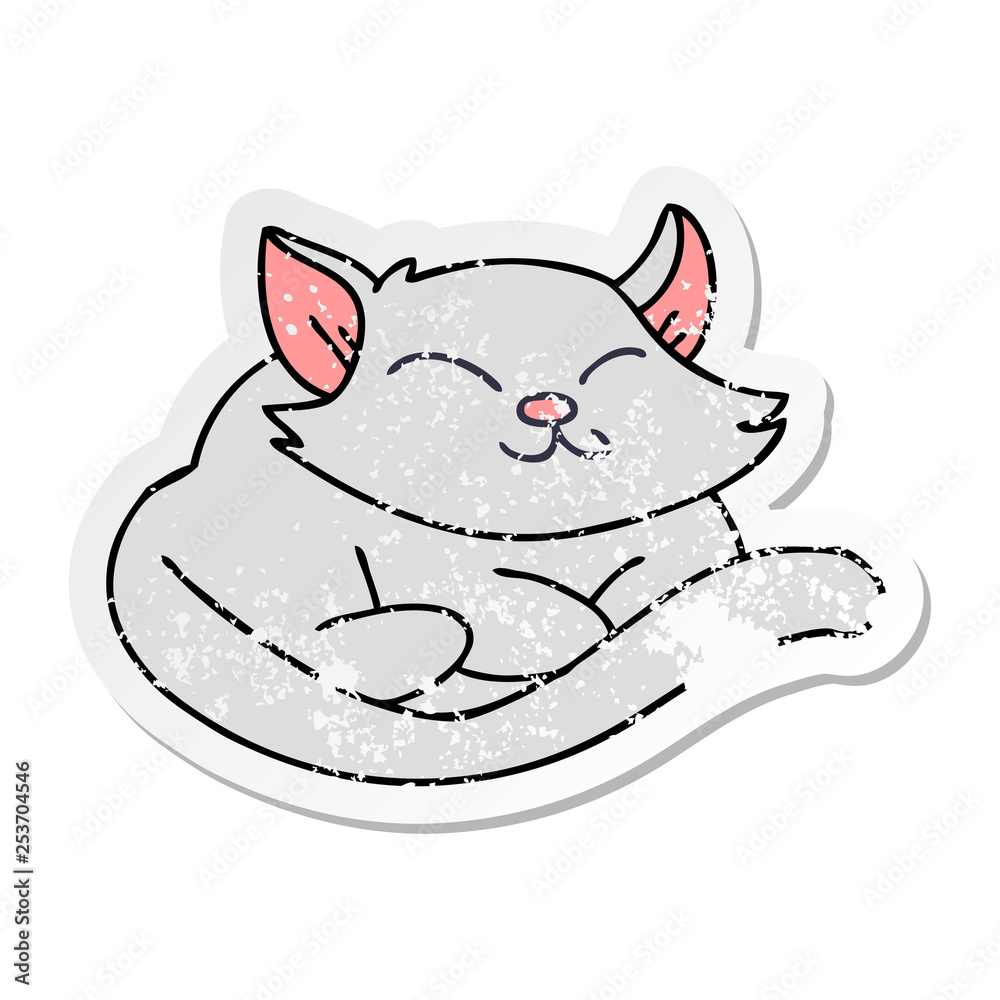 distressed sticker of a quirky hand drawn cartoon cat