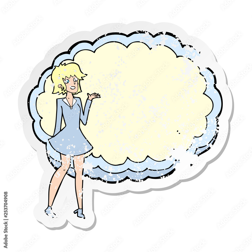 retro distressed sticker of a cartoon friendly woman with cloud text space