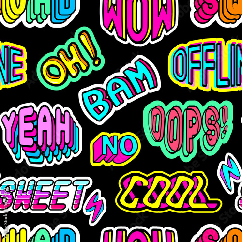 Seamless pattern with patches  stickers with words  Oh    Bam    Offline    Oops    Squad    Yeah    Sweet   etc. Comic text style of 80-90s. Black background.