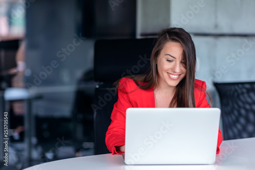 Beautiful business lady with laptop computer in office.