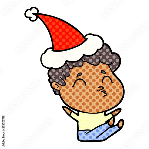 comic book style illustration of a man pouting wearing santa hat