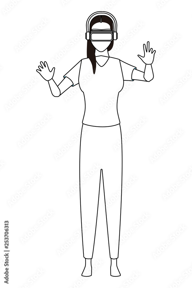 Woman using virtual reality glasses in black and white Woman using virtual reality glasses in black and white